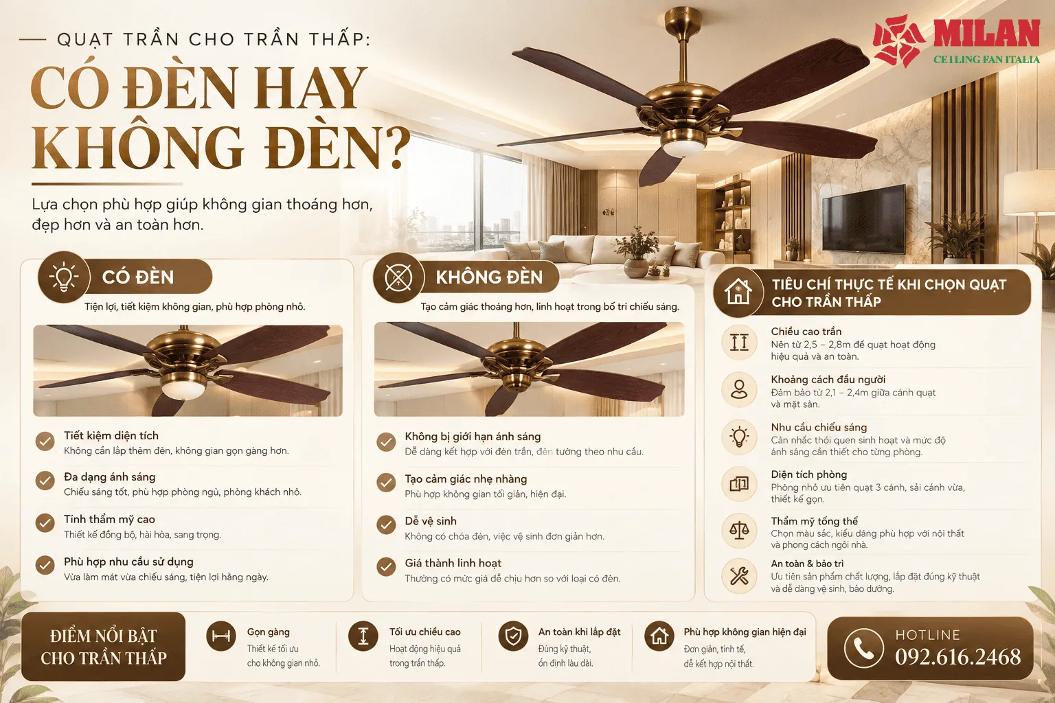 quạt trần cho trần thấp có đèn hay không đè